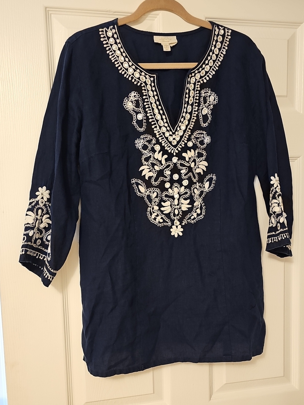 Charter Club Luxury Linen Tunic Top XL Navy Embroidered Rhinestone 3/4 Sleeve